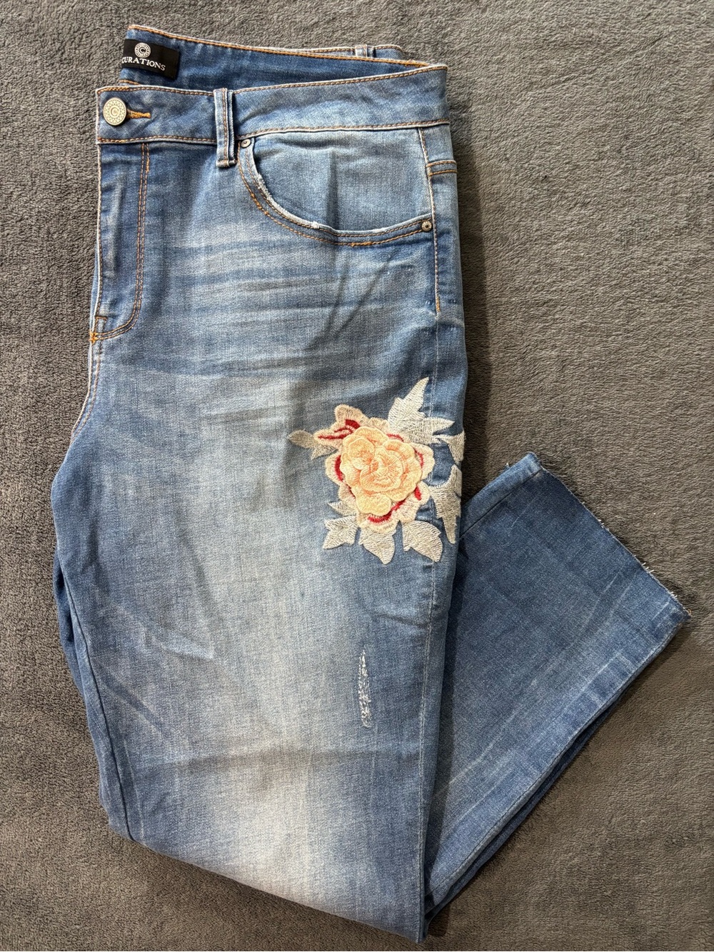 Curations Crop Jeans Women's 16 Denim Capri Floral Embroidered Boho Stretch
